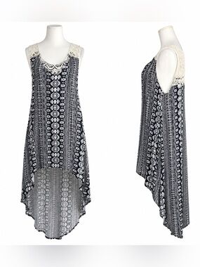 Red Ranch Crochet Yoke High Low Boho Western Dress Medium Black White - medium